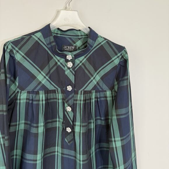 J.Crew Womens Fresco Top Rhinestone Buttons Size S Green Tartan Plaid Academia - Picture 5 of 9